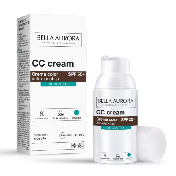 BELLA AURORA CC Cream Antimanchas Oil Control SPF50+ - 30 ml | Protector Solar Facial para Piel Mixta-Grasa | Textura Ultraligera