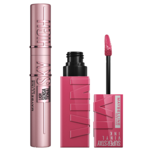 MAYBELLINE New York | Kit rutina de maquillaje con la máscara de pestañas Sky High Tono Negro y el pintalabios Superstay Vinyl Ink efecto vinilo fijo, en Tono 20 Coy