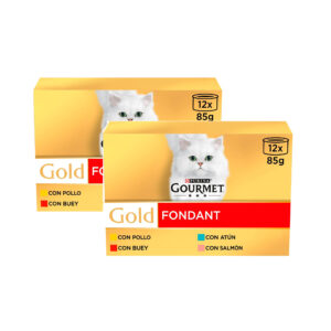 GOURMET – Gold (24×85 gr) – Fondant Multipack sabores (Pollo, Buey, Atún y Salmón) (2 Cajas de 12×85 gr)